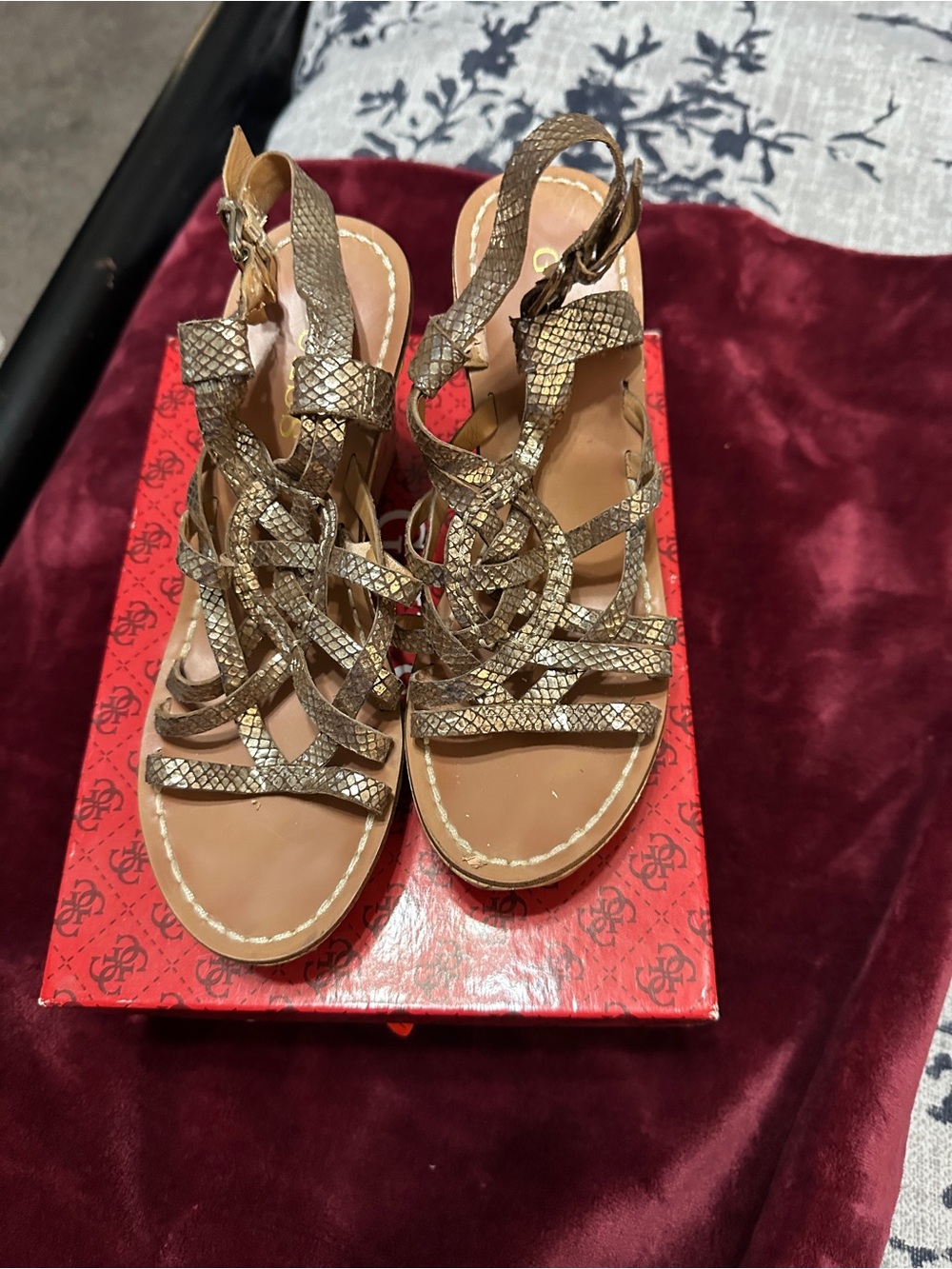 Guess Braided Snake-Print Metallic Tan Gladiator Sandals
